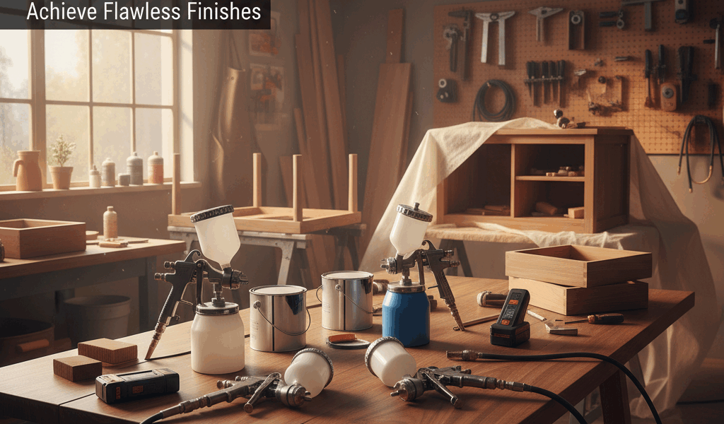 Professional woodworking image for article: Best Paint Sprayers for Furniture. Workshop, wood grain,