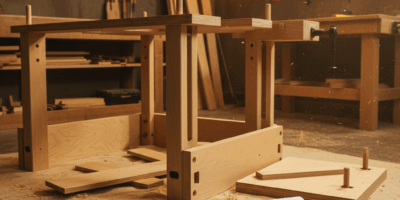 Professional featured image for woodworking article: Knock Down Workbench Plans. High quality photog