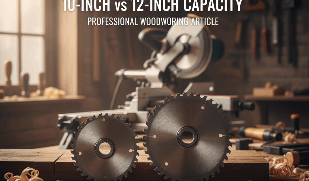 Professional featured image for woodworking article: Miter Saw Blade Size: 10-Inch vs 12-Inch Capaci