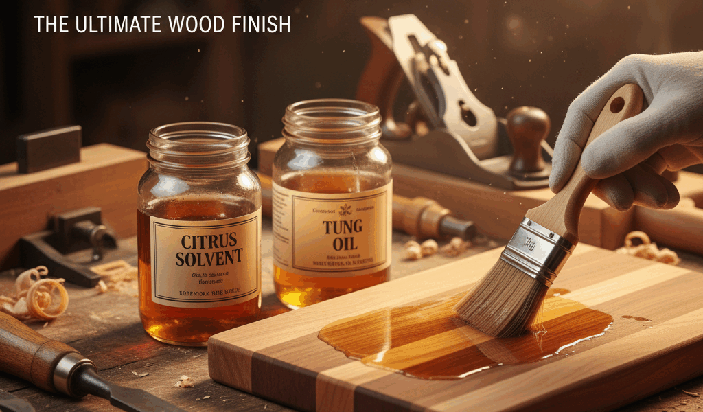 Professional featured image for woodworking article: Citrus Solvent with Tung Oil. High quality phot