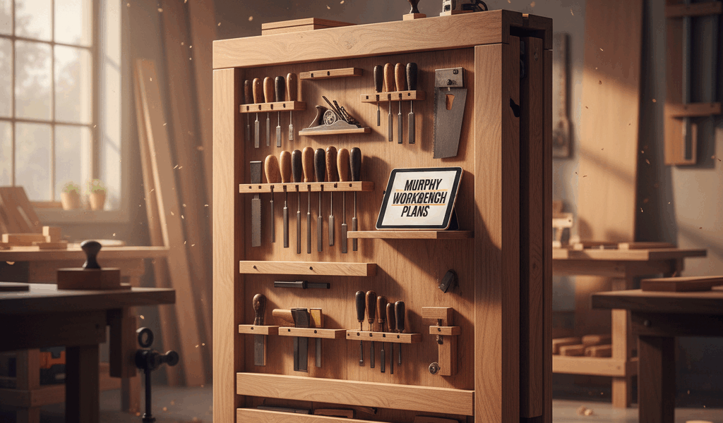 Professional woodworking image for article: Murphy Workbench Plans. Workshop, wood grain, tools, war