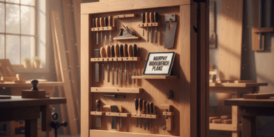 Professional woodworking image for article: Murphy Workbench Plans. Workshop, wood grain, tools, war