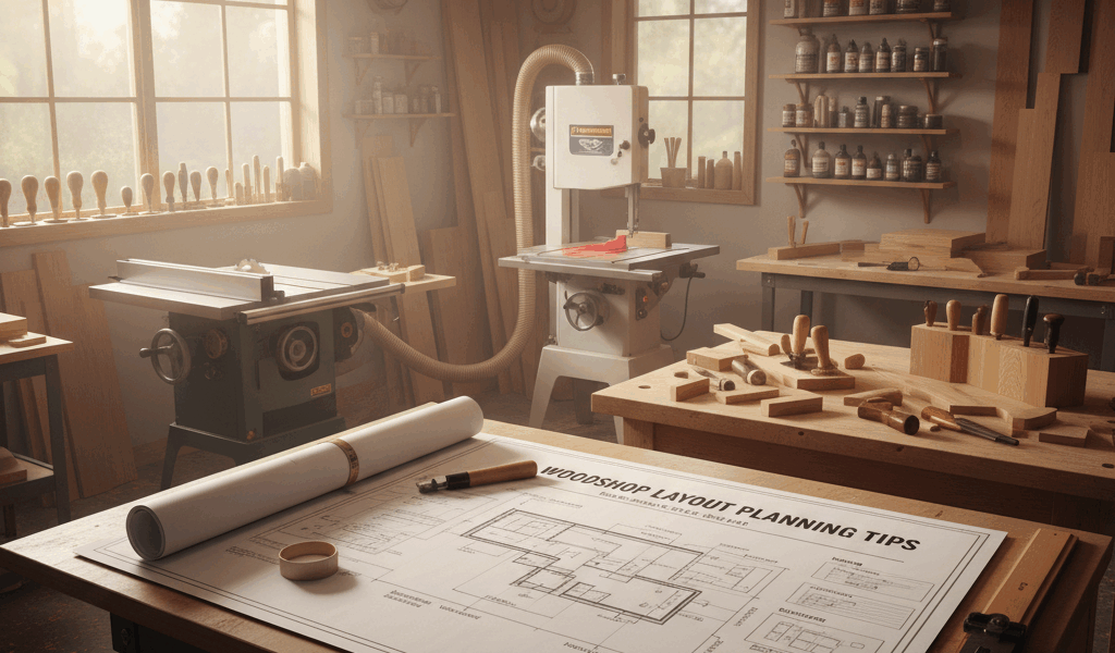 Professional featured image for woodworking article: Woodshop Layout Planning Tips. High quality pho