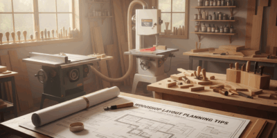 Professional featured image for woodworking article: Woodshop Layout Planning Tips. High quality pho