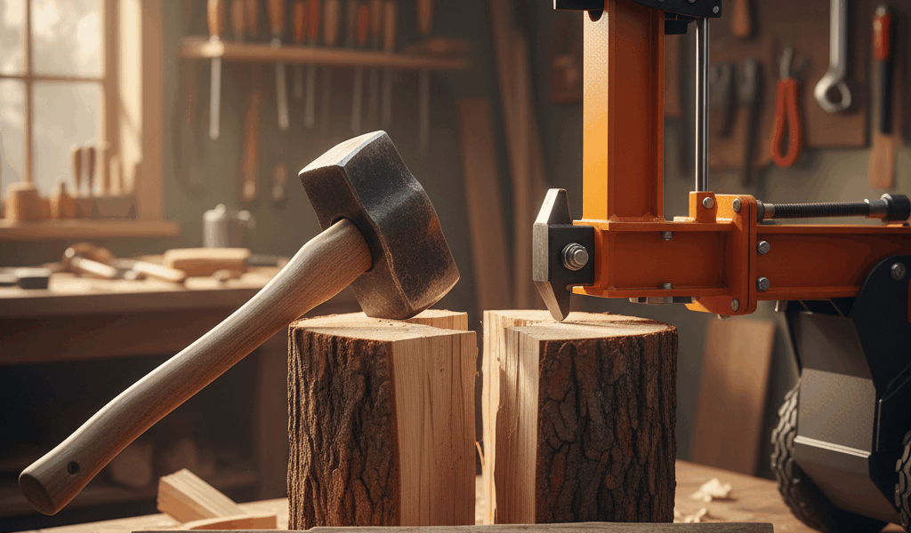 Professional featured image for woodworking article: Maul vs Log Splitter Comparison. High quality p