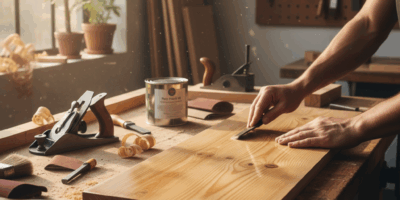 Professional woodworking image for article: How to Finish Pine Wood. Workshop, wood grain, tools, wa