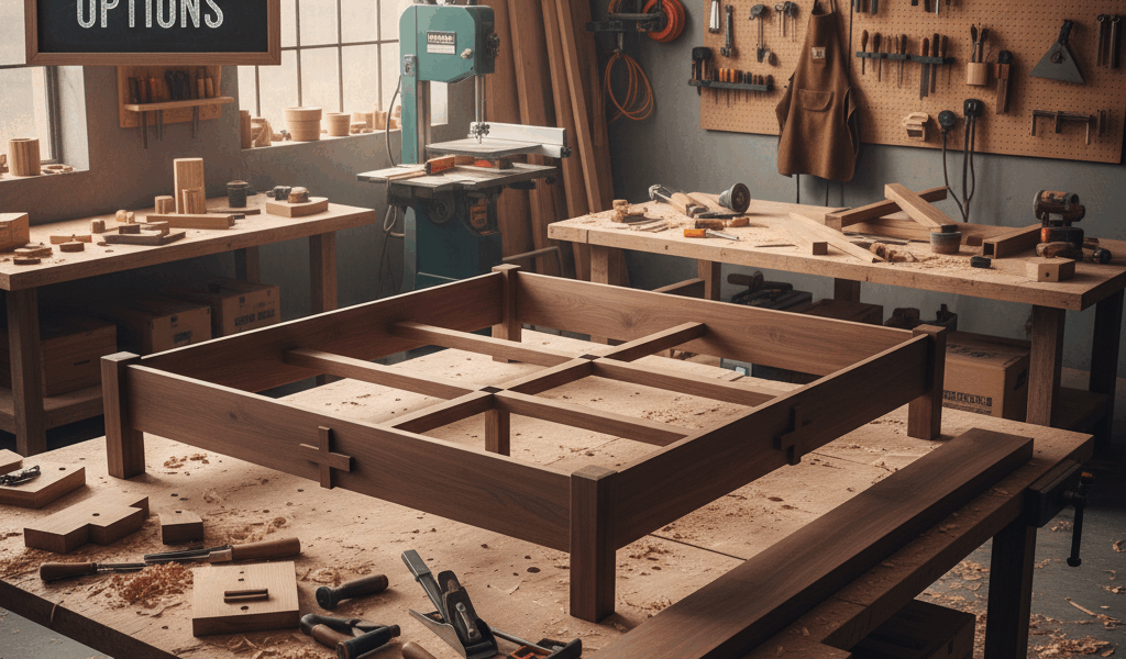 Professional featured image for woodworking article: King Wood Bed Frame Options. High quality photo
