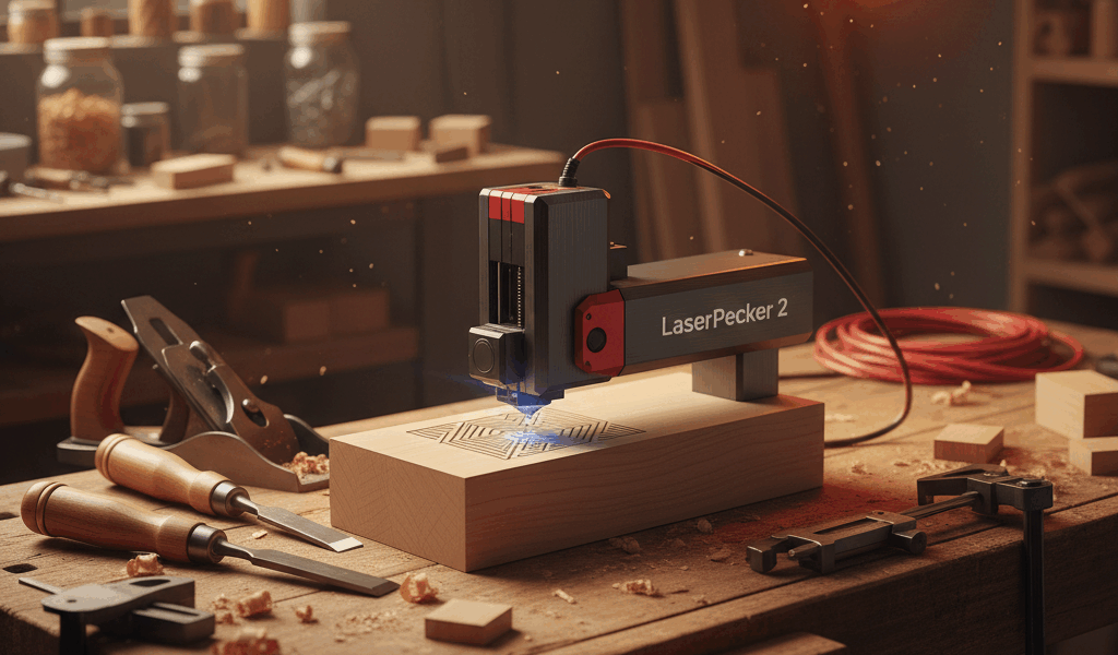 Professional featured image for woodworking article: LaserPecker 2 Review. High quality photography,