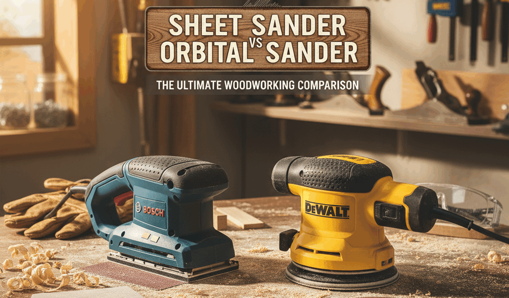 Professional featured image for woodworking article: Sheet Sander vs Orbital Sander Comparison. High