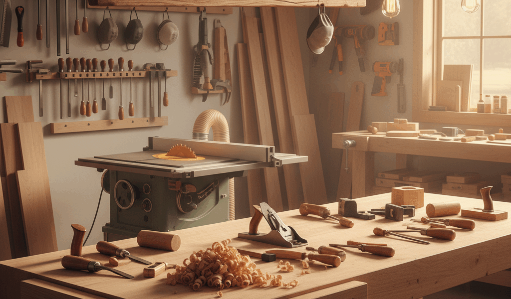 Professional featured image for woodworking article: Shop Update. High quality photography, workshop