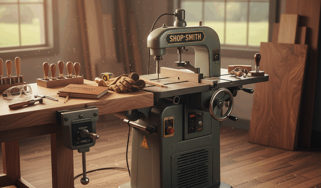 Professional woodworking image for article: Shop Smith Guide. Workshop, wood grain, tools, warm ligh