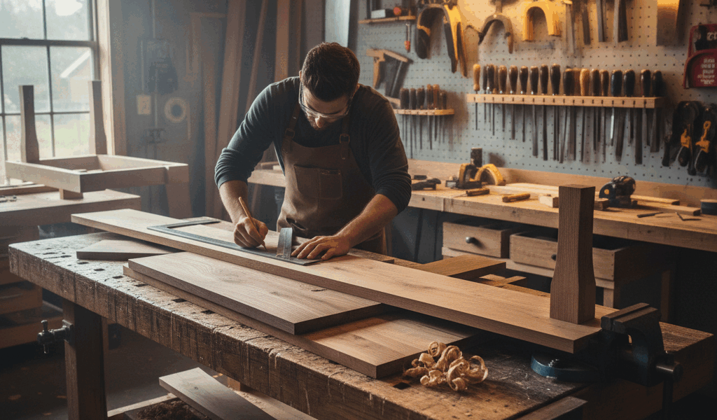 Professional woodworking image for article: Table Construction Basics. Workshop, wood grain, tools, 