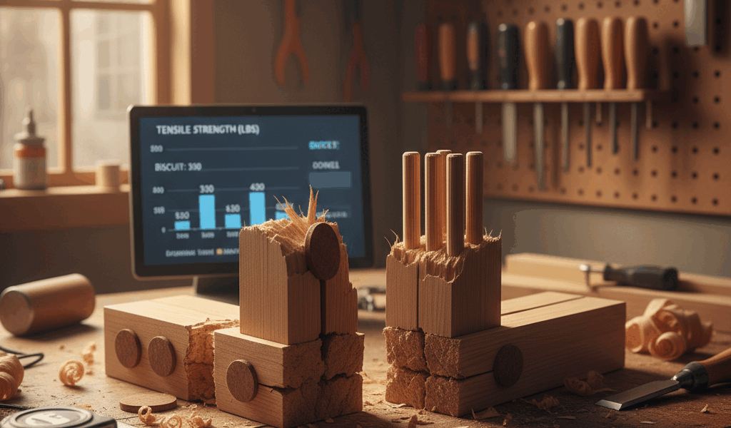 Professional featured image for woodworking article: Biscuit Joinery vs Dowels: Strength Test Result
