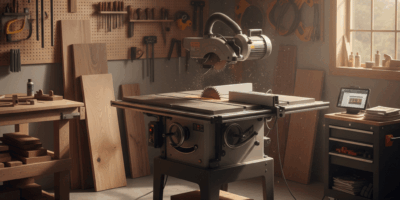 Professional woodworking image for article: Best Hybrid Table Saws Reviewed. Workshop, wood grain, t