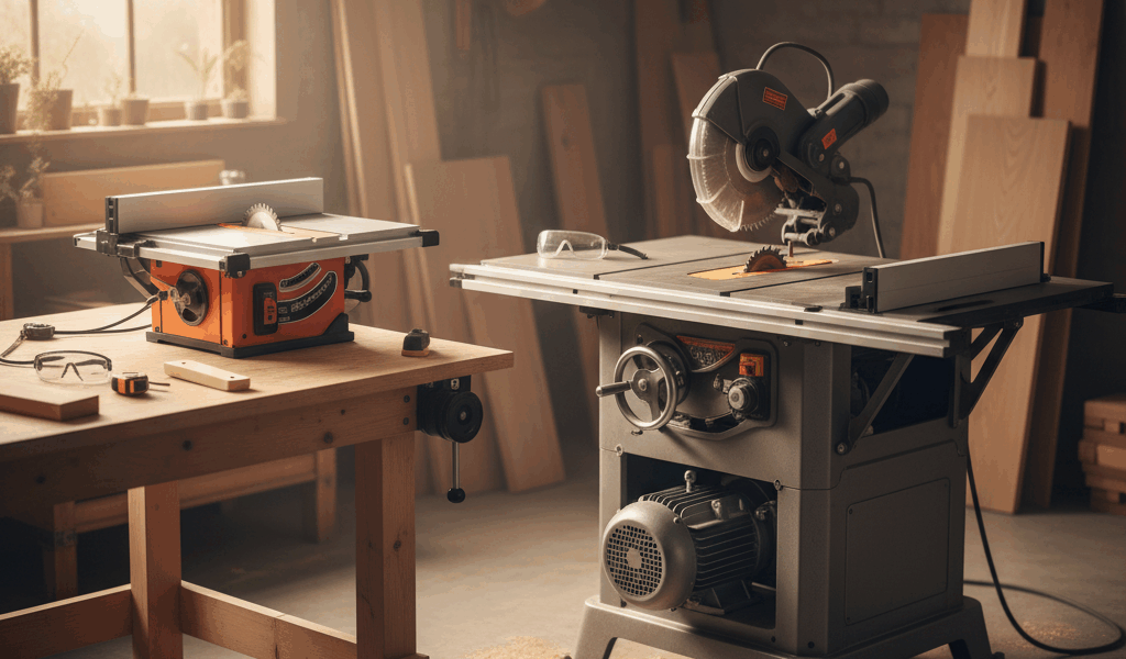 Professional featured image for woodworking article: Benchtop vs Cabinet Table Saw: Motor Power Comp