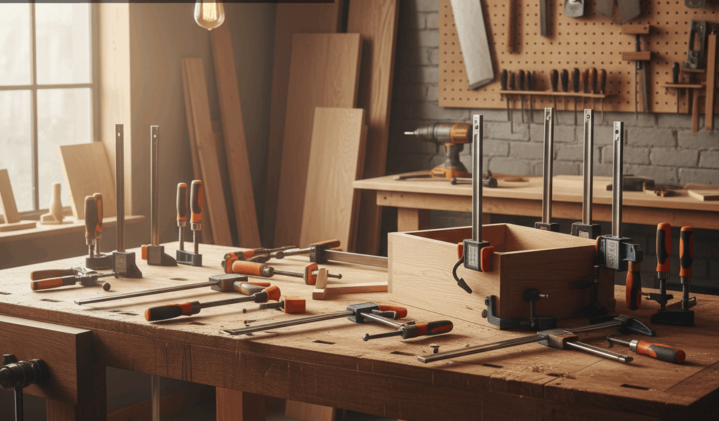 Professional woodworking image for article: Best Wood Clamps for Any Project. Workshop, wood grain, 