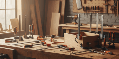 Professional woodworking image for article: Best Wood Clamps for Any Project. Workshop, wood grain,