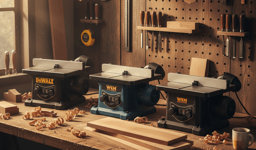 Professional woodworking image for article: Best Benchtop Planers Reviewed. Workshop, wood grain, to