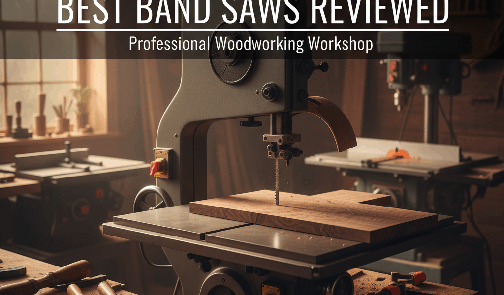 Professional woodworking image for article: Best Band Saws Reviewed. Workshop, wood grain, tools, wa