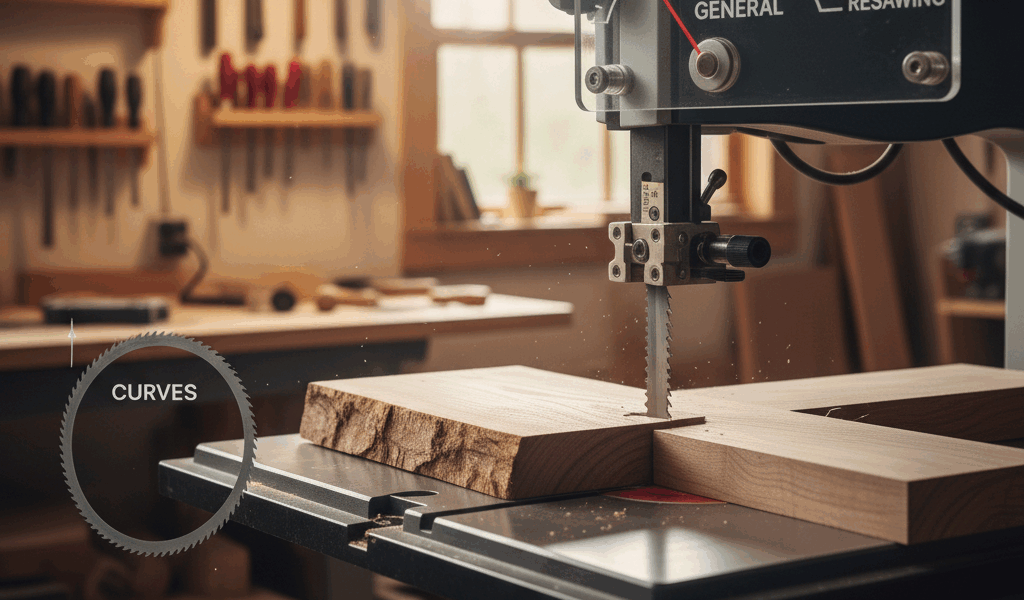 Professional featured image for woodworking article: Band Saw Blade Width Guide: Curves and Resawing