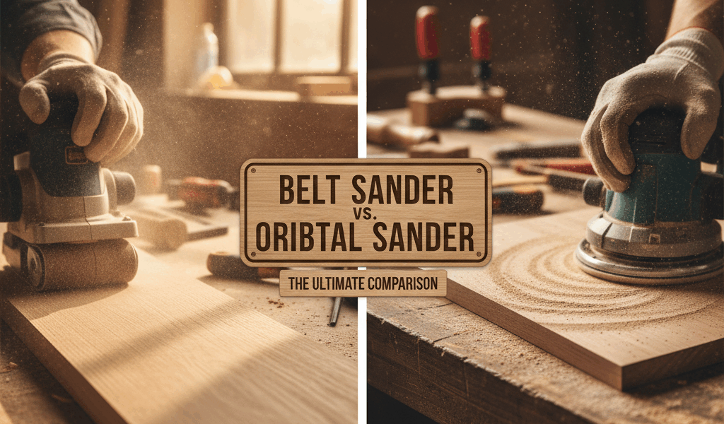 Professional featured image for woodworking article: Belt Sander vs Orbital Sander Comparison. High 
