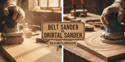 Professional featured image for woodworking article: Belt Sander vs Orbital Sander Comparison. High
