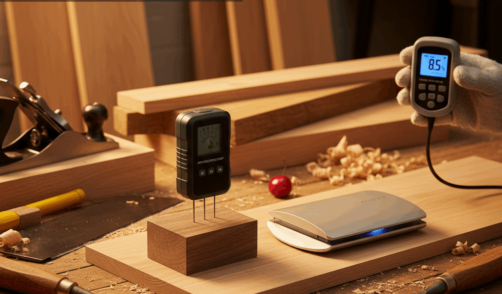 Professional featured image for woodworking article: Best Moisture Meters for Wood. High quality pho