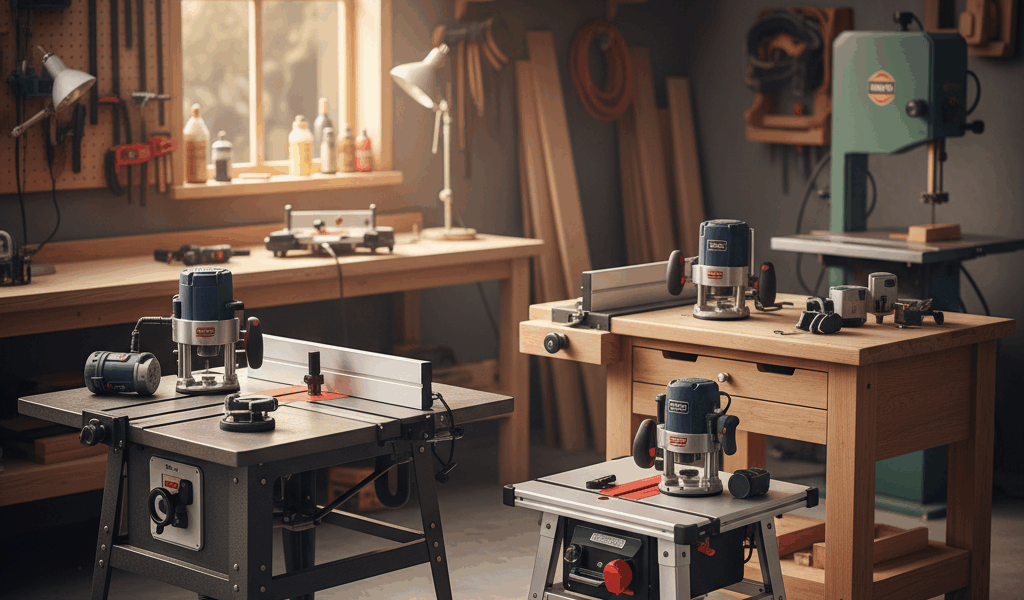 Professional featured image for woodworking article: Best Router Tables Reviewed. High quality photo