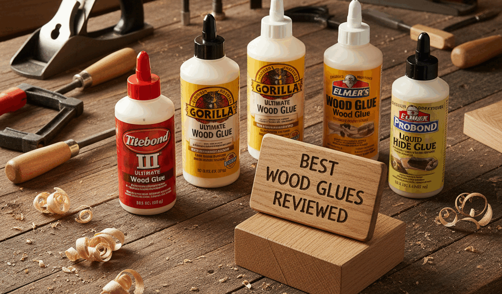 Professional featured image for woodworking article: Best Wood Glues Reviewed. High quality photogra