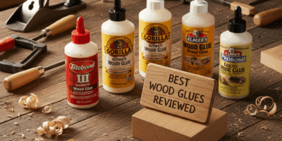 Professional featured image for woodworking article: Best Wood Glues Reviewed. High quality photogra