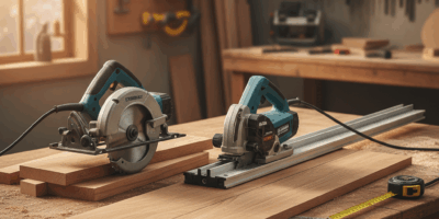 Professional featured image for woodworking article: Circular Saw vs Track Saw: Straight Cut Accurac