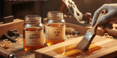 Professional featured image for woodworking article: Citrus Solvent with Tung Oil. High quality phot