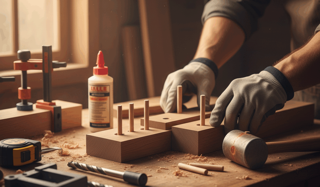 Professional featured image for woodworking article: Dowel Joinery Techniques. High quality photogra