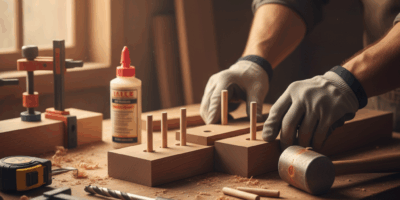 Professional featured image for woodworking article: Dowel Joinery Techniques. High quality photogra