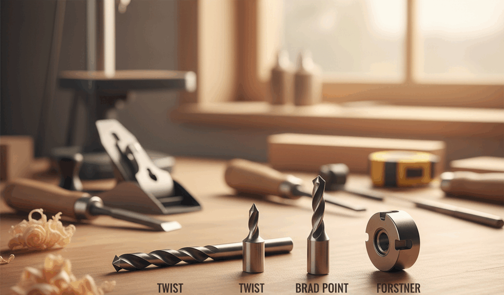 Professional featured image for woodworking article: Drill Bit Types for Wood: Twist, Brad Point, an
