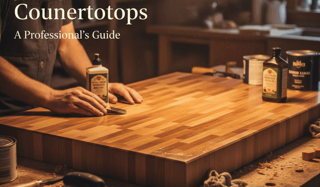 Professional featured image for woodworking article: Finishing Butcher Block Countertops. High quali