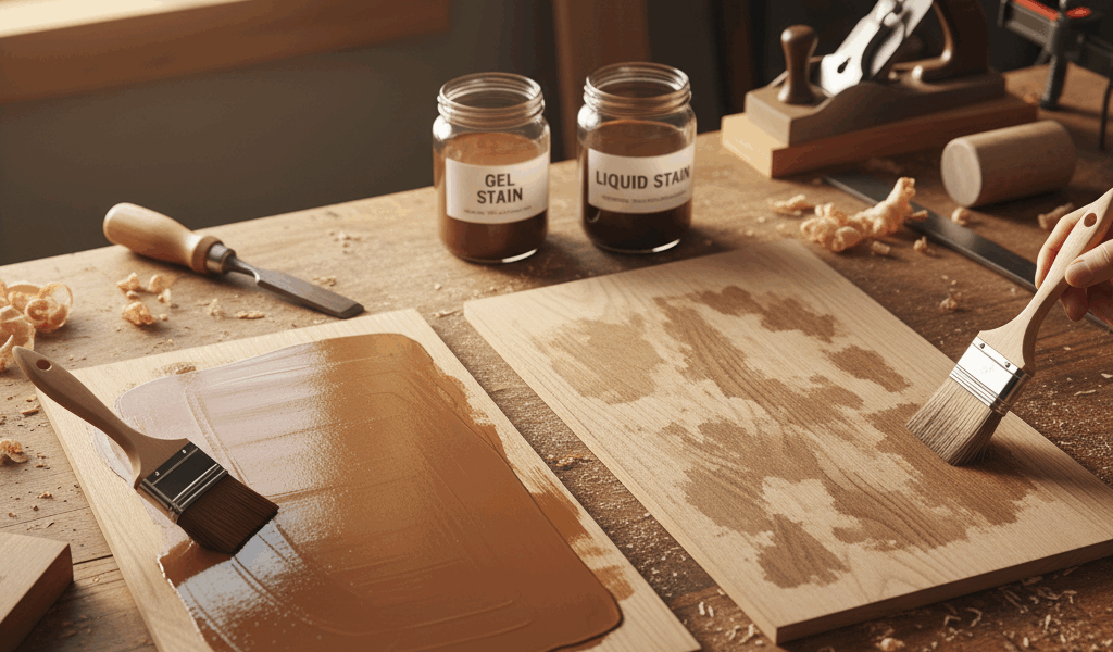 Professional featured image for woodworking article: Gel Stain vs Liquid Stain: Coverage and Blotchi