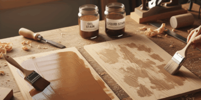 Professional featured image for woodworking article: Gel Stain vs Liquid Stain: Coverage and Blotchi