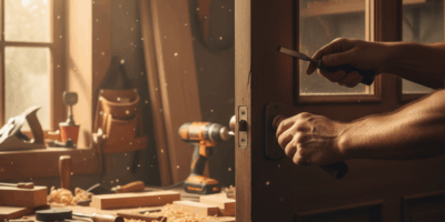 Professional featured image for woodworking article: How to Fix a Sagging Door. High quality photogr