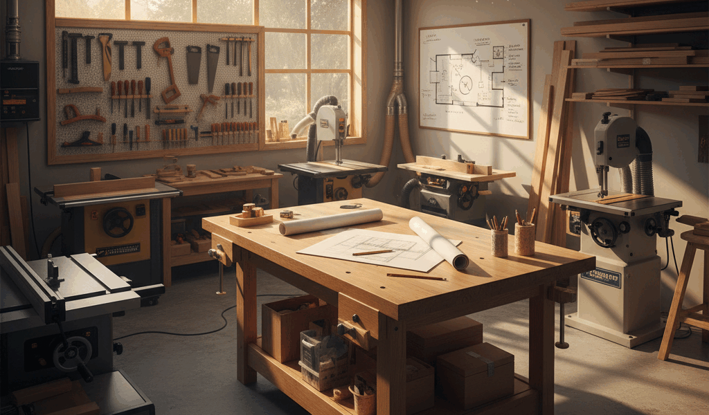 Professional featured image for woodworking article: How to Design Your Workshop Layout. High qualit