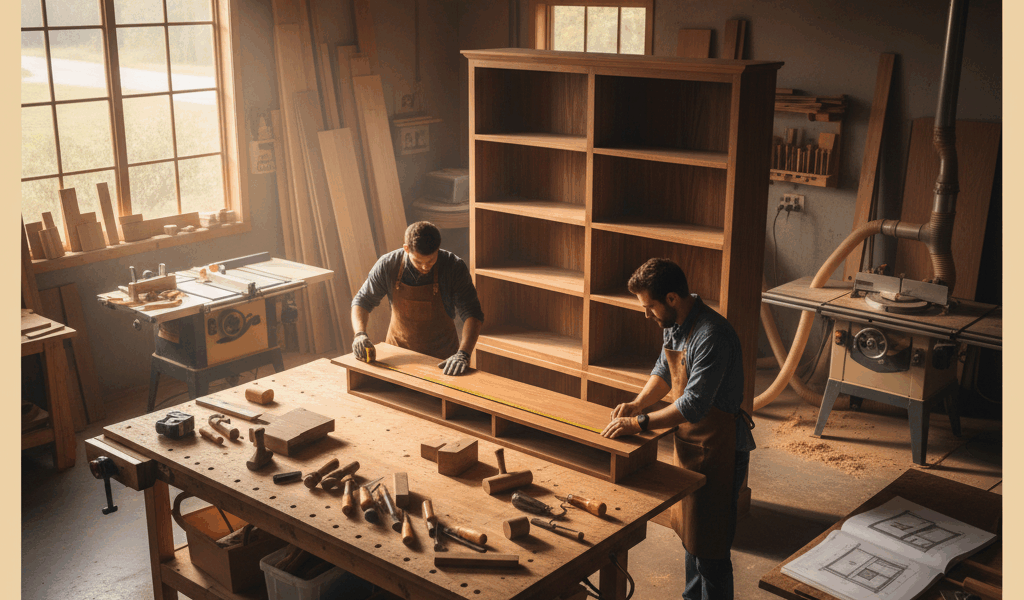 Professional featured image for woodworking article: How to Build Built-In Shelves. High quality pho