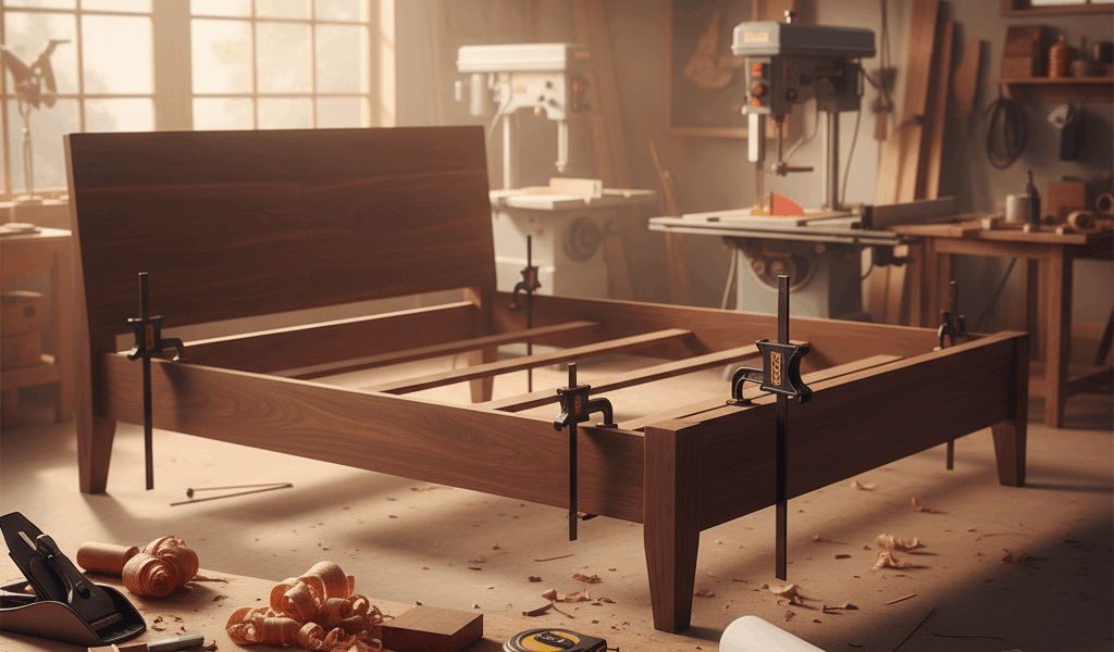 Professional featured image for woodworking article: King Size Wood Bed Frame Guide. High quality ph