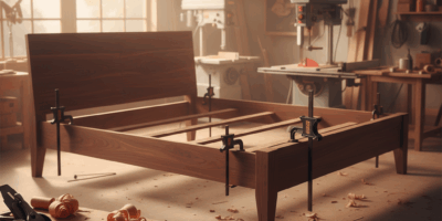 Professional featured image for woodworking article: King Size Wood Bed Frame Guide. High quality ph