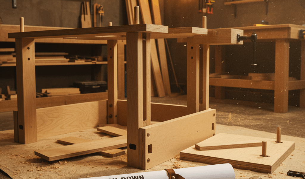 Professional featured image for woodworking article: Knock Down Workbench Plans. High quality photog