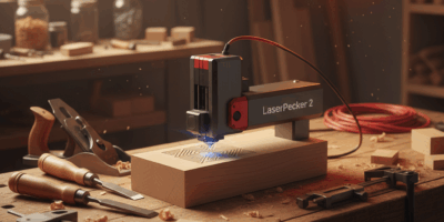 Professional featured image for woodworking article: LaserPecker 2 Review. High quality photography,