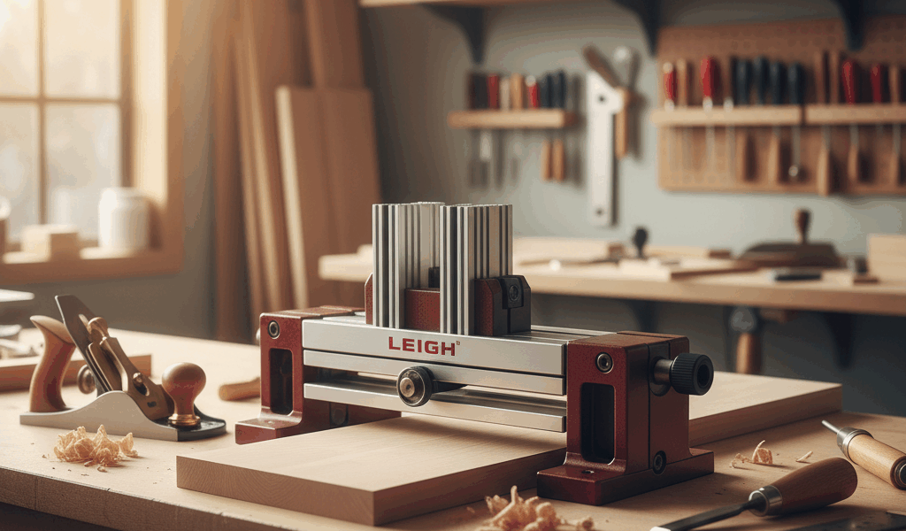 Professional featured image for woodworking article: Leigh Jig Review. High quality photography, wor
