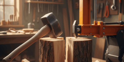 Professional featured image for woodworking article: Maul vs Log Splitter Comparison. High quality p