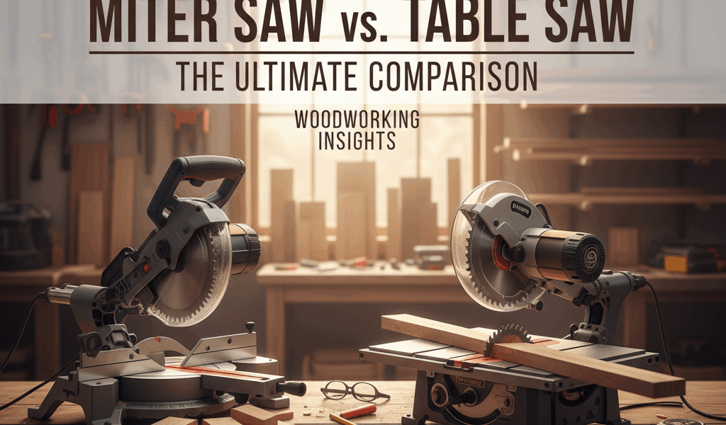 Professional featured image for woodworking article: Miter Saw vs Table Saw Comparison. High quality