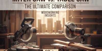 Professional featured image for woodworking article: Miter Saw vs Table Saw Comparison. High quality