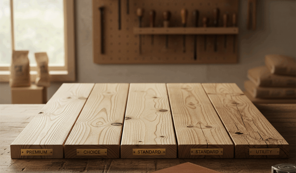 Professional featured image for woodworking article: Pine Lumber Grades Explained. High quality phot
